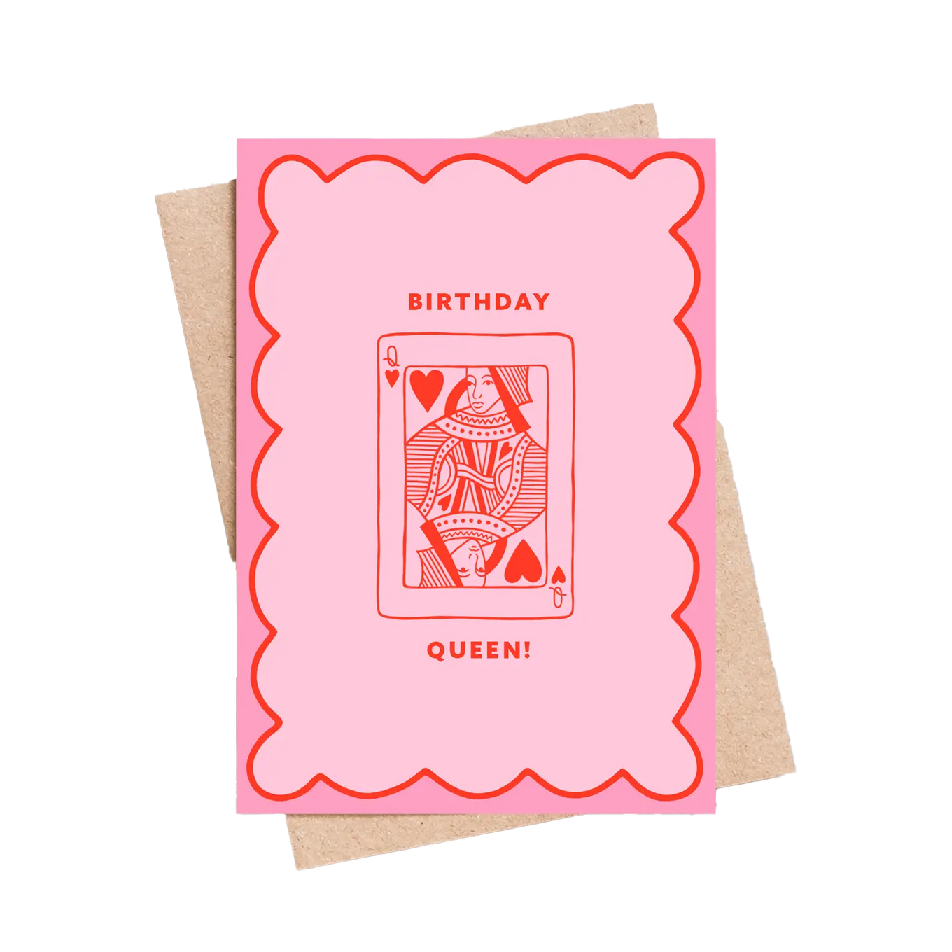 Pink birthday card with a queen illustration and 'Birthday Queen!' text on a white background.