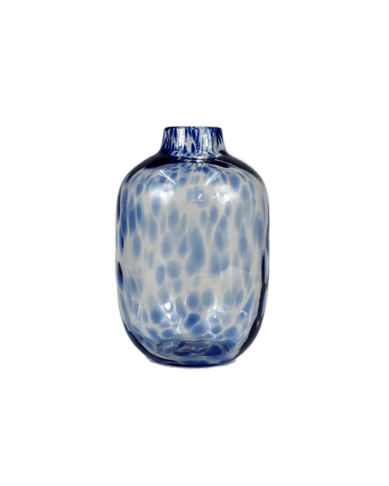 Glass vase with blue and white pattern on a black background