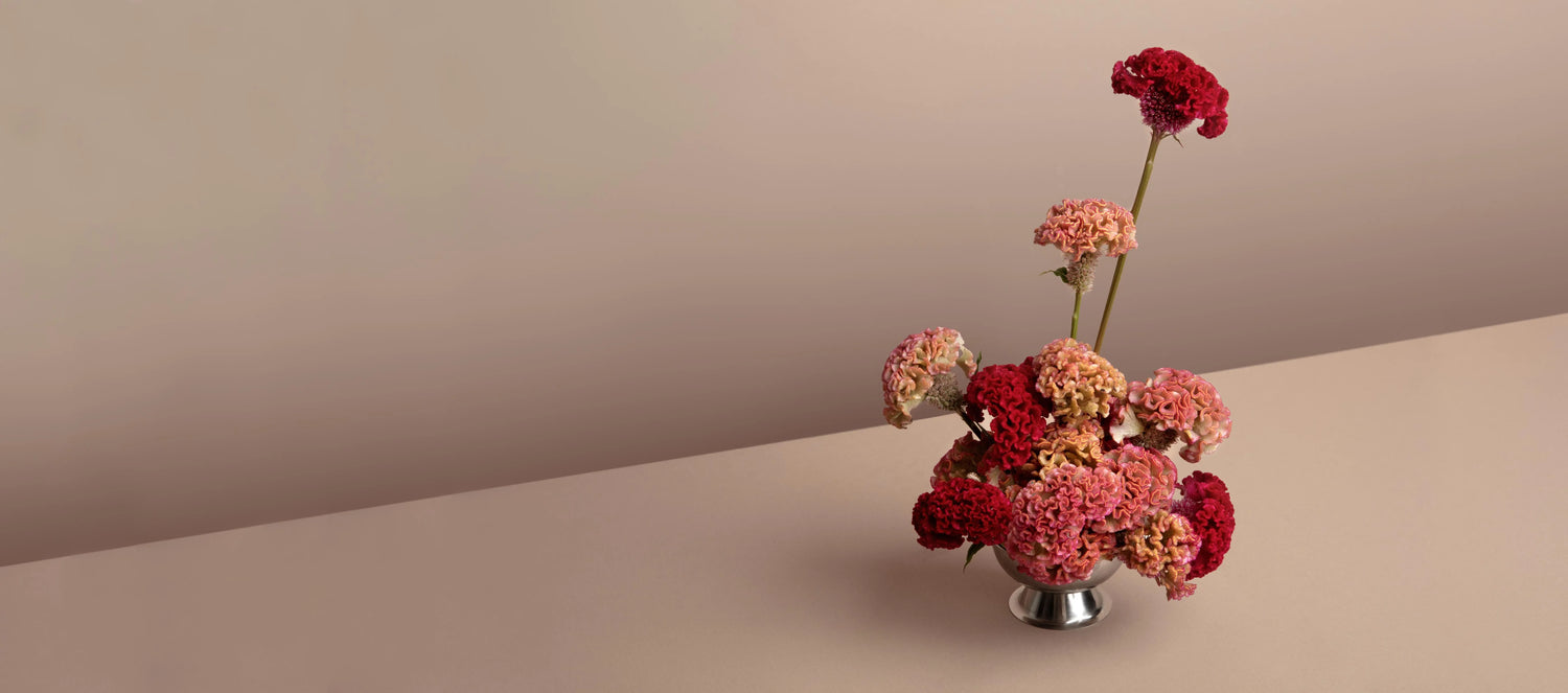 Bouquet of red and pink flowers in a silver vase on a beige surface with a beige background