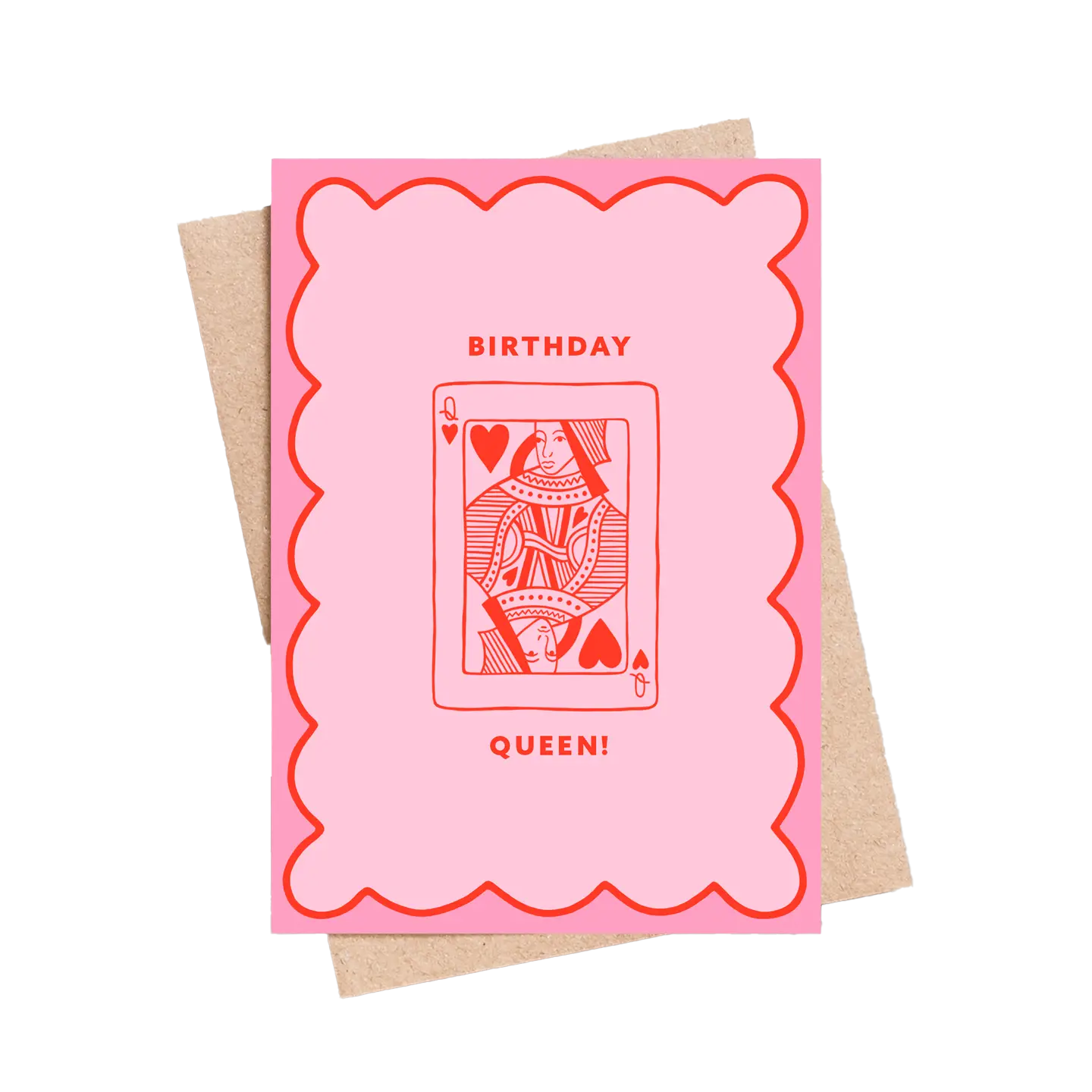 Pink birthday card with a queen illustration and 'Birthday Queen!' text on a white background.