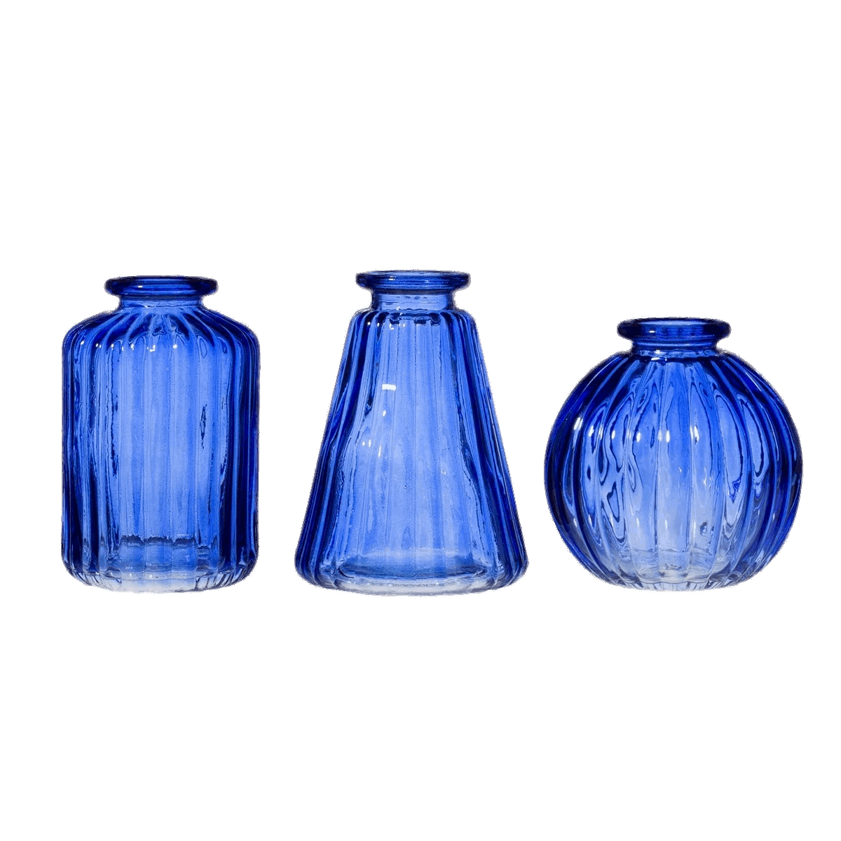 Three blue glass vases of different shapes on a black background