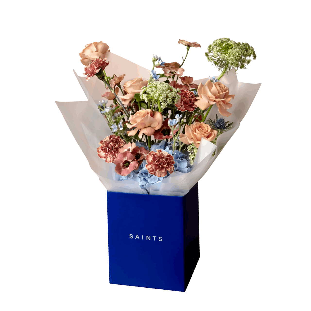 Bouquet of flowers in a blue box with 'SAINTS' branding on a black background