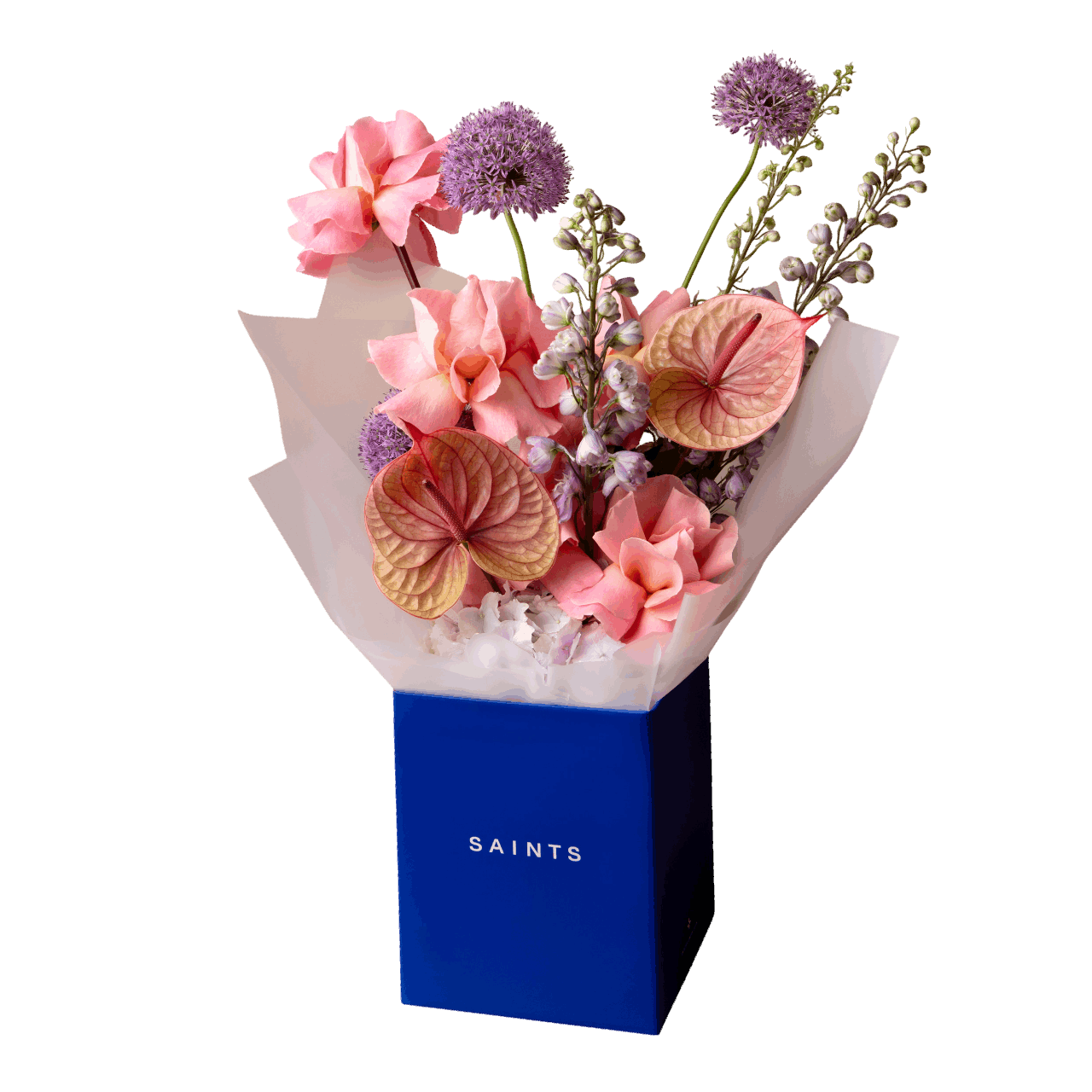 Bouquet of flowers in a blue box with 'SAINTS' branding on a black background