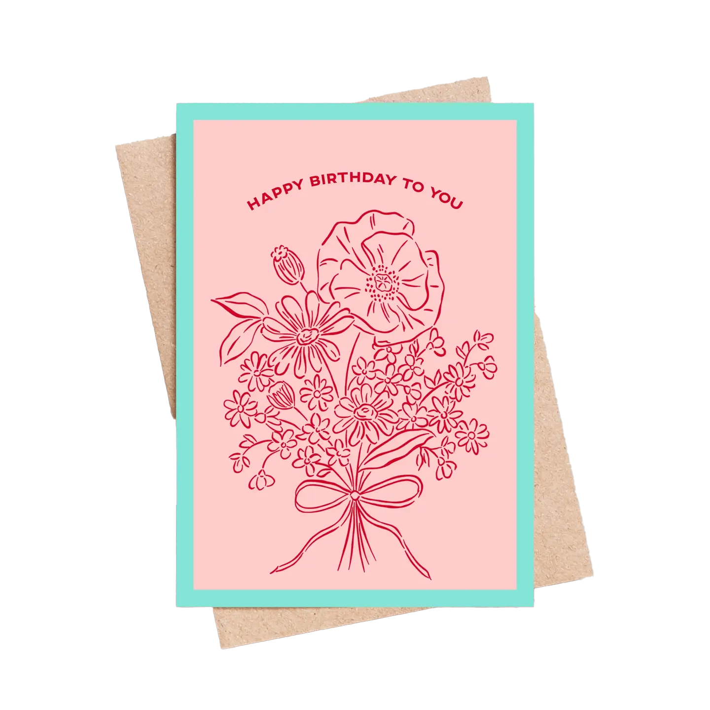 Pink birthday card with floral design and 'Happy Birthday to You' text, featuring a teal border.