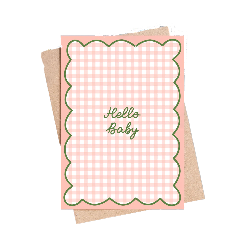 Greeting card with 'Hello Baby' text on a pink and white checkered design, featuring a brown envelope.