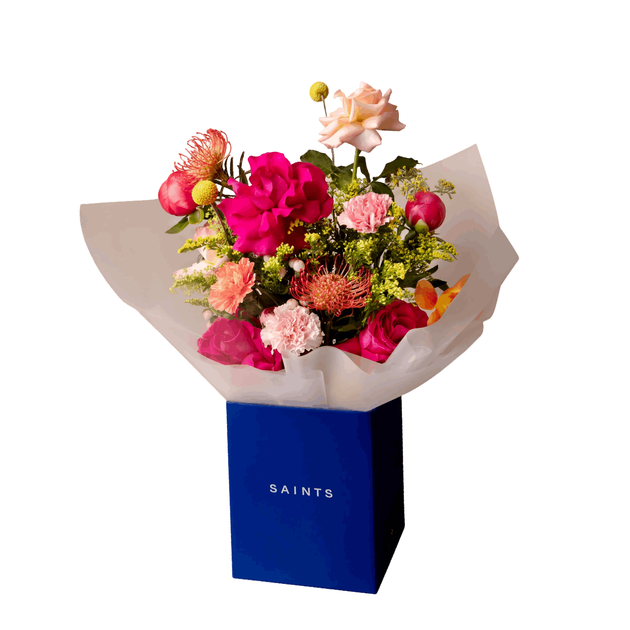 Bouquet of flowers wrapped in white paper with a blue box labeled 'SAINTS' on a black background