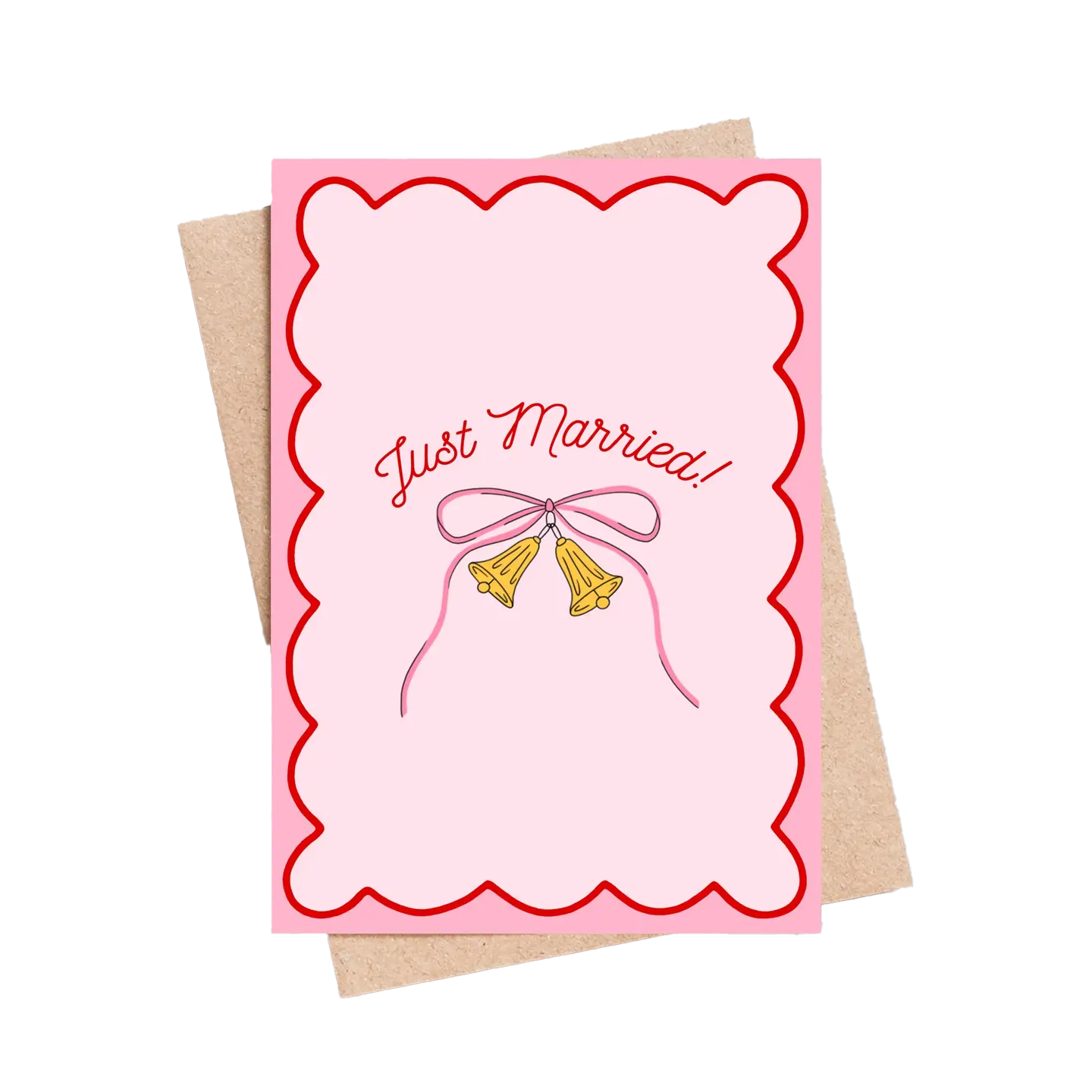 Greeting card with 'Just Married!' text and bells on a pink background
