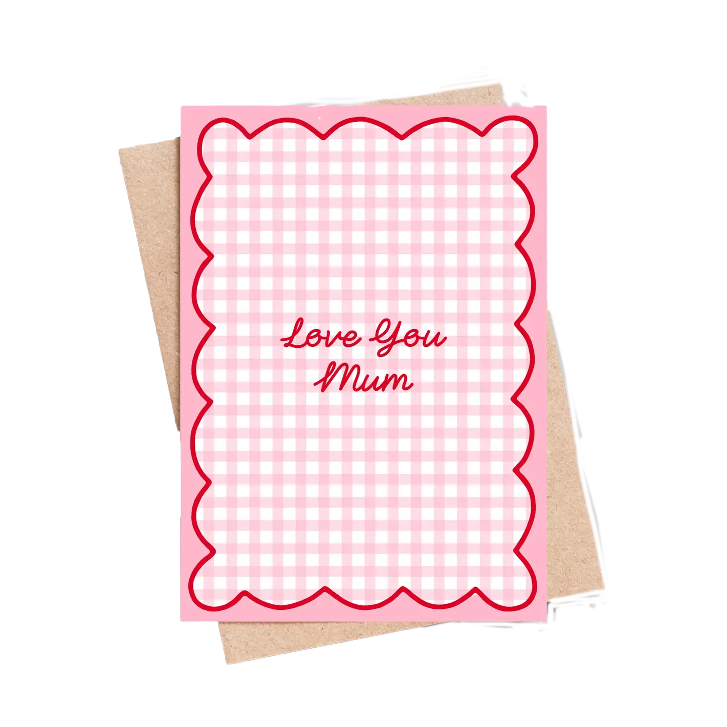 Greeting card with 'Love You Mum' text on a pink checkered background