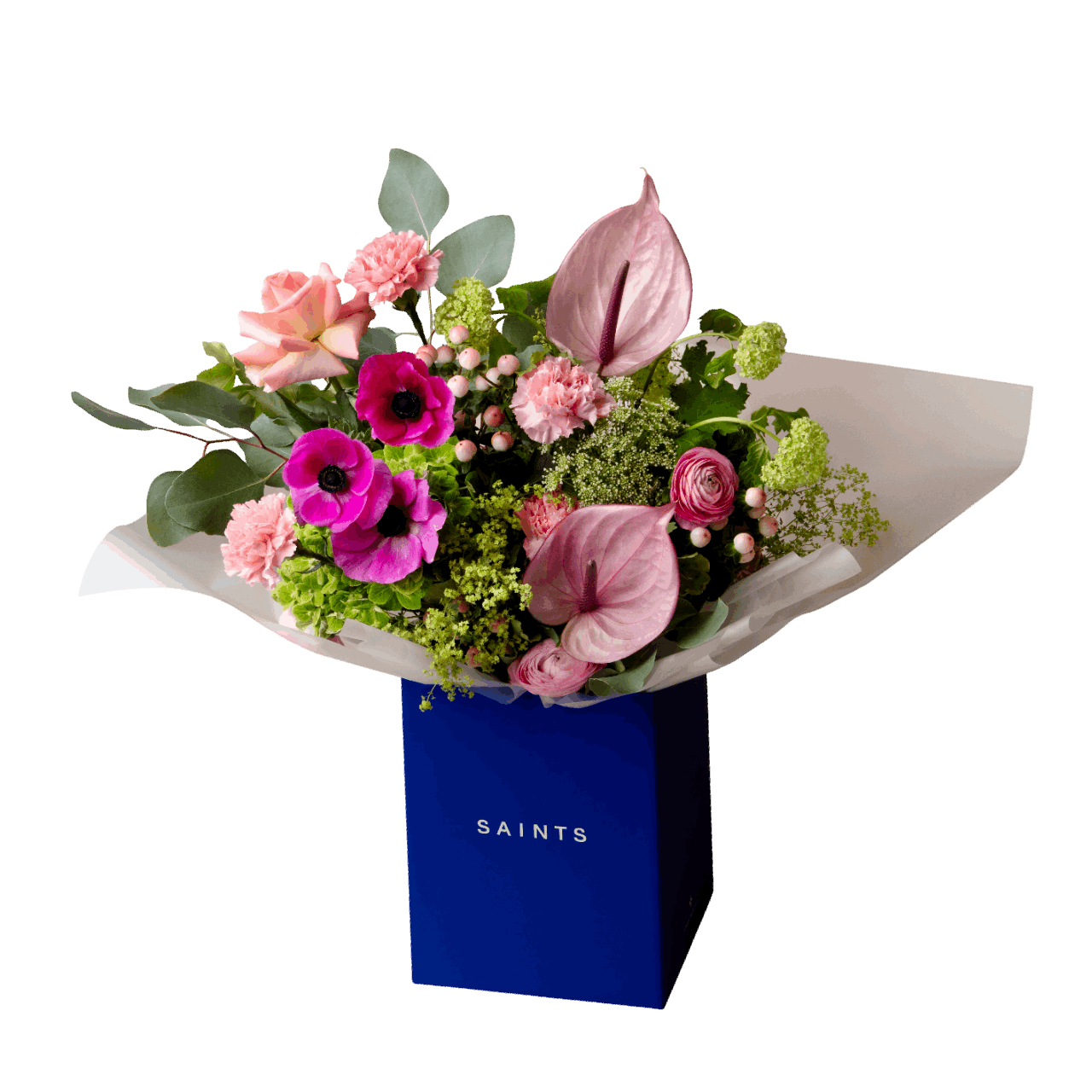 Bouquet of flowers wrapped in white paper with a blue box labeled 'SAINTS' on a black background