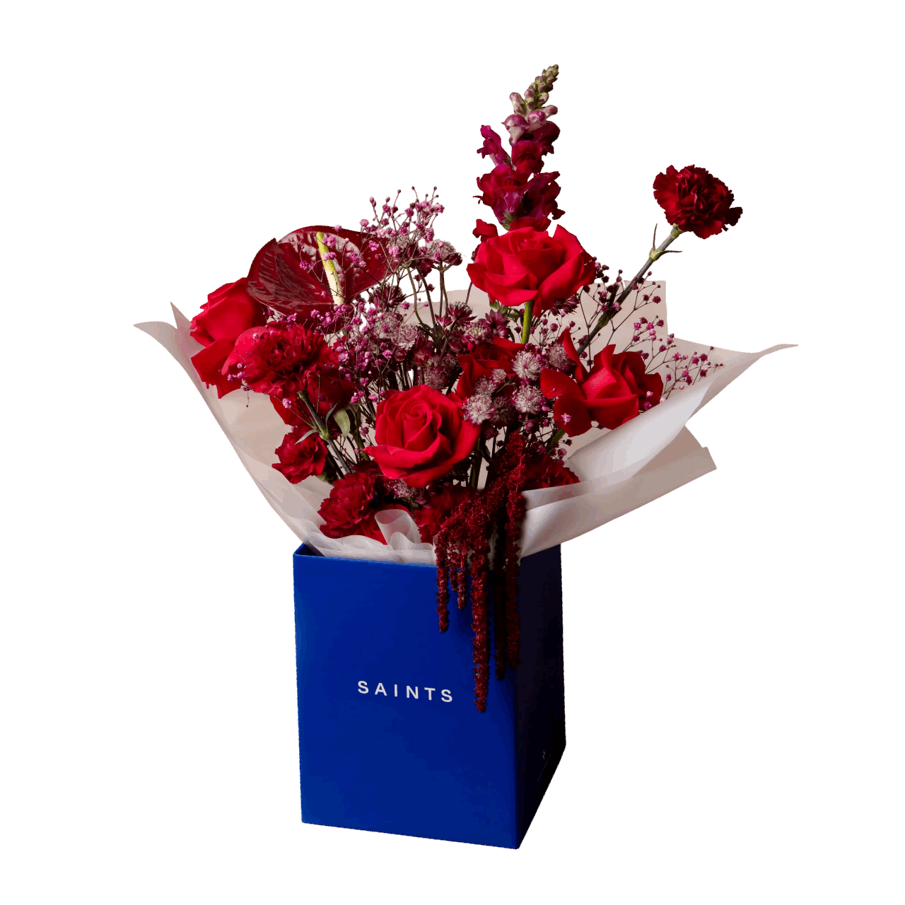 Bouquet of red flowers in a blue box with 'SAINTS' branding on a black background