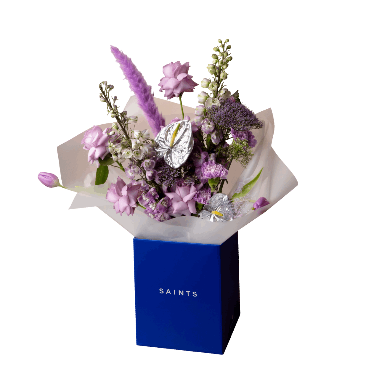 Bouquet of flowers in a blue box with 'SAINTS' branding on a black background