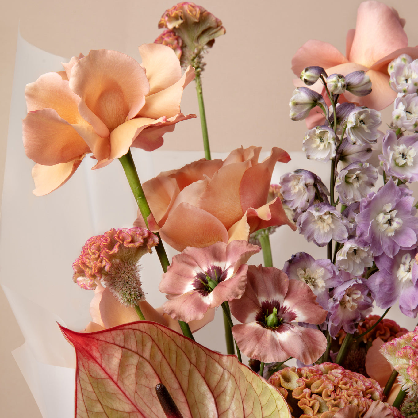 Bouquet of flowers with peach, pink, and purple colors on a neutral background