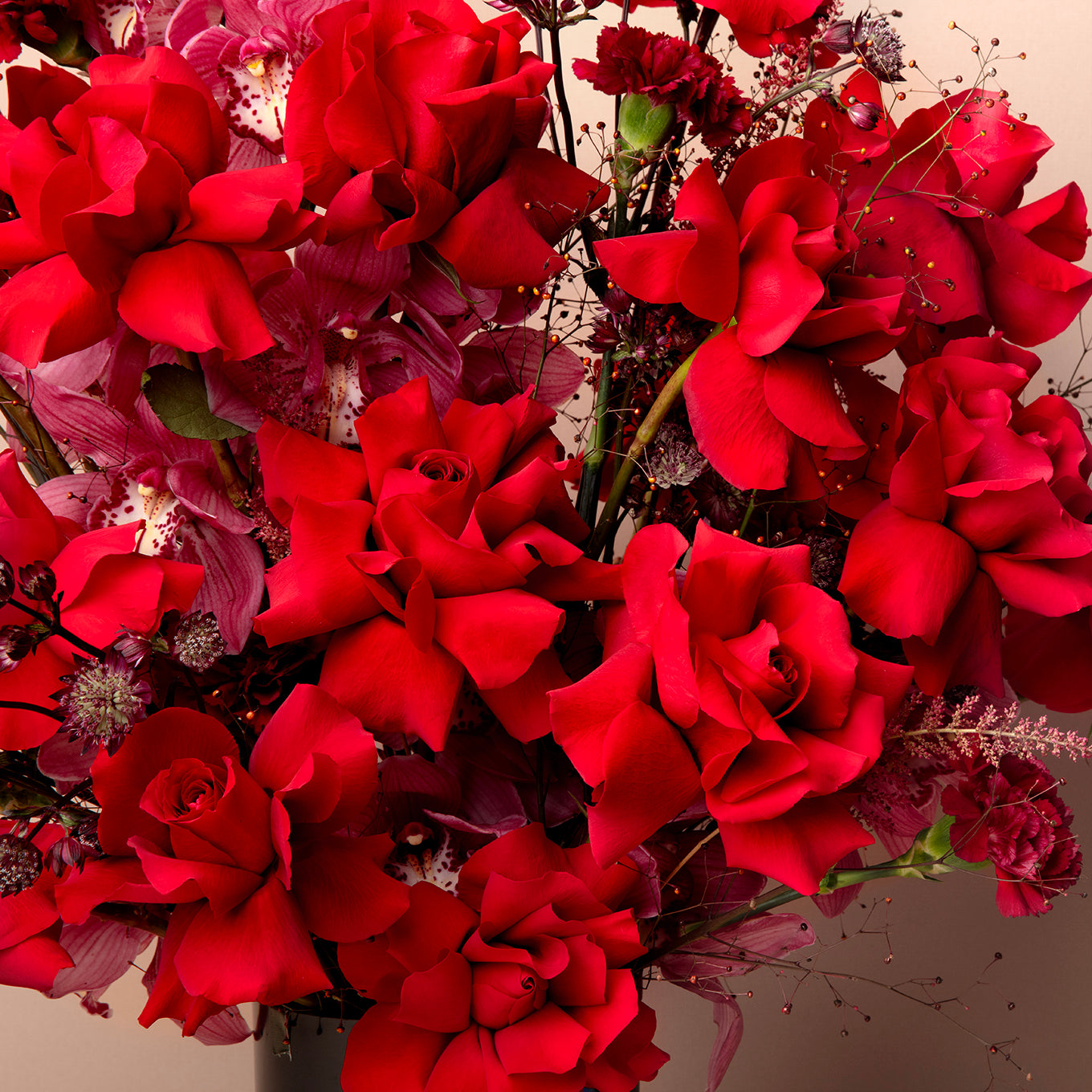 Bouquet of red and pink flowers with a neutral background