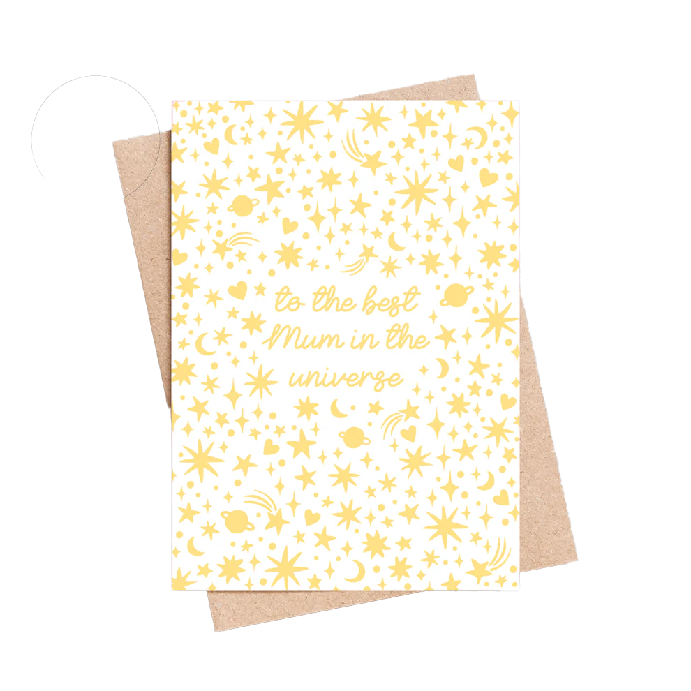 Greeting card with yellow star pattern and text 'To the best Mum in the universe' on a white background.